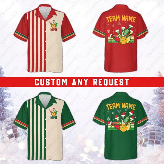 Discover Personalized Christmas Bowling Hawaiian Shirt, Custom Name Christmas Button Down Shirt, Retro Christmas Bowling Team, Xmas Gift For Bowlers