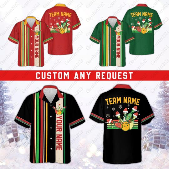 Discover Personalized Christmas Bowling Hawaiian Shirt, Custom Name Christmas Button Down Shirt, Christmas Bowling Team Shirt, Xmas Holiday Gift