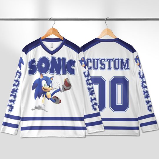 Discover Personalized Sonic Hockey Jersey, Custom Sonic the Hedgehog Shirt, Sonic Sports Outfit, Matching Family Tee, Gamer Fan Gift