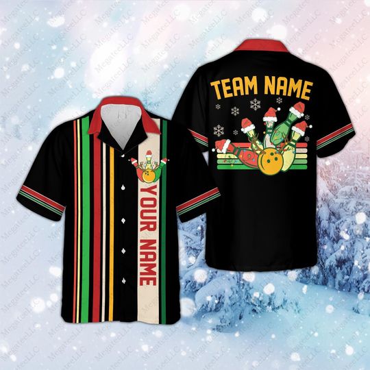 Personalized Retro Bowling Hawaiian Shirt, Custom Name Christmas Bowling Team Button Down Shirt, Christmas Bowling Lover, Xmas Holiday Gift