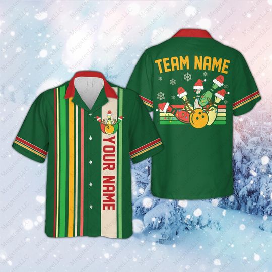 Discover Personalized Christmas Bowling Hawaiian Shirt, Custom Name Bowling Team Button Down Shirt, Christmas Bowling Lover, Xmas Holiday Gift