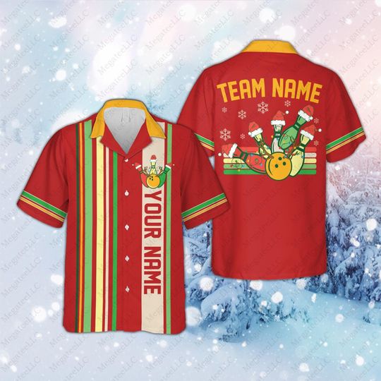 Discover Personalized Christmas Bowling Hawaiian Shirt, Custom Name Bowling Team Button Down Shirt, Xmas Holiday Gift, Christmas Bowling Lover Shirt
