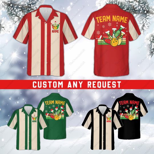Discover Personalized Christmas Bowling Hawaiian Shirt, Custom Name Bowler Button Down Shirt, Retro Bowling Team Shirt, Christmas Bowling Squad