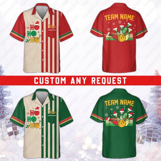 Discover Personalized Ho Ho Ho Christmas Bowling Pocket Hawaiian Shirt, Custom Name Bowler Button Down Shirt, Christmas Bowling Team Shirt, Xmas Gift