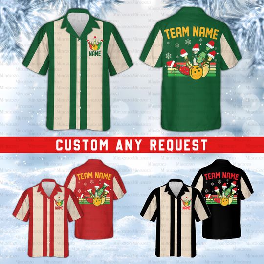 Discover Personalized Christmas Bowling Hawaiian Shirt, Custom Name Button Down Shirt, Matching Bowling Team Shirt, Xmas Bowling Squad Gift