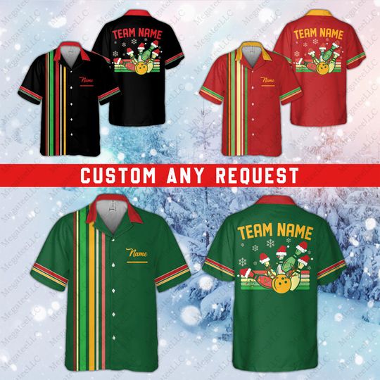 Discover Personalized Christmas Bowling Pocket Hawaiian Shirt, Custom Name Bowling Team Button Down Shirt, Xmas Holiday Gift, Christmas Bowling Lover