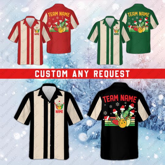 Discover Personalized Retro Christmas Bowling Hawaiian Shirt, Custom Name Bowling Team Button Down Shirt, Tis The Season Bowling, Xmas Bowling Lover