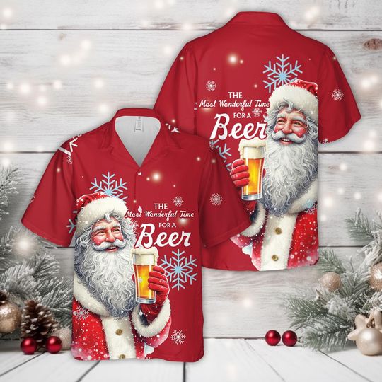 Discover Christmas Santa Drinking Beer Hawaiian Shirt, Most Wonderful Time For A Beer, Christmas Beer Party Button Down Shirt, Beer Lover Xmas Gifts