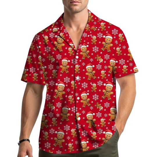 Discover Gingerbread Christmas Hawaiian Shirt Men Women Youth, Cute Cookie Holiday Aloha Shirt with Santa Hat, Festive Green Leaves & Xmas Pattern