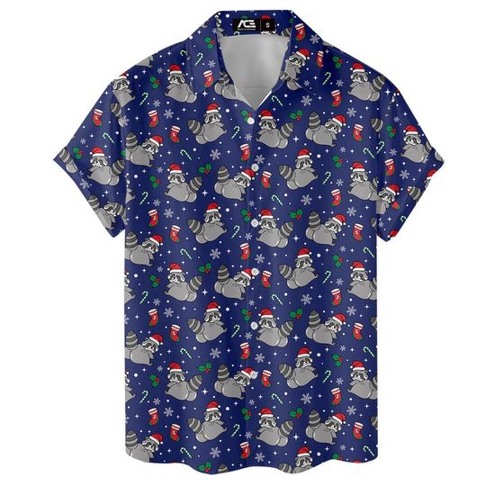 Discover Funny Raccoon Christmas Hawaiian Shirt For Men, Racoon Pattern Colorful Mens Hawaiian Shirts Short Sleeve Button Down Shirt Men
