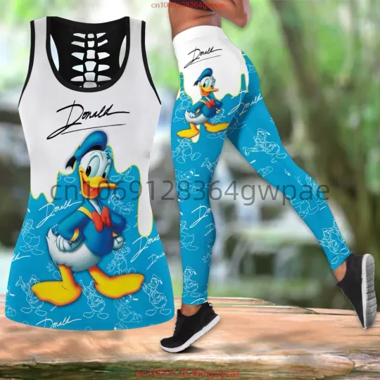 Discover Disney Donald Duck Women Cutout Tank Top Leggings Yoga Set Summer Fitness Leggings Tracksuit Disney Hollow Tank Top Leggings Set