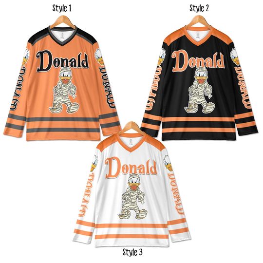 Discover Personalized Donald Duck Halloween Hockey Jersey, Custom Disney Spooky Shirt, Matching Family Outfit, Gift for Disney Fans