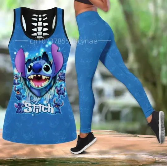 Discover 2025 Summer New Disney Stitch Women's Book Hollow Vest+women's Leggings Yoga Set Fitness Leggings Sports Set