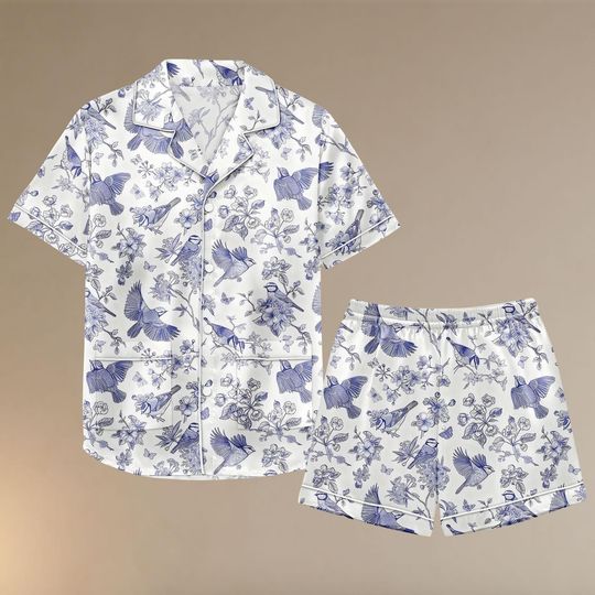 Blue Bird Satin Pajamas Set, Vintage Floral Bird Sleepwear, Soft Short Sleeve Shirt and Shorts, Lightweight Summer Loungewear