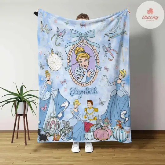 Discover Disney Cinde Princess Watercolor Blue Customize Fleece Blanket