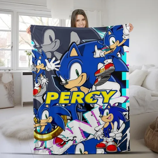 Discover Custom Sonic The Hedgehog Blanket, Personalized Cartoon Hedgehog Blanket, Custom