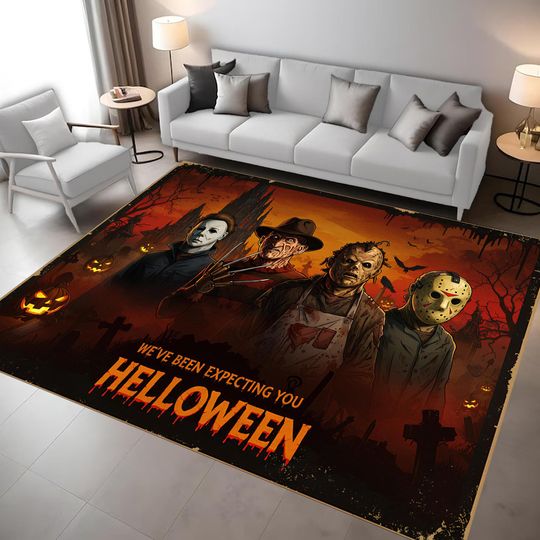 Discover Horror Slasher Halloween Rug: Gothic Pumpkin Night Scene, Creepy Masked Movie Killer, Haunted Carpet