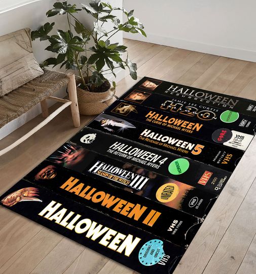 Discover VHS Horror Movie Rug: Retro TV Room Decor, Customizable Polyester