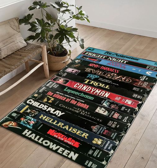Discover VHS Movie Rug: Retro Horror Film Decor, Non-Slip Polyester