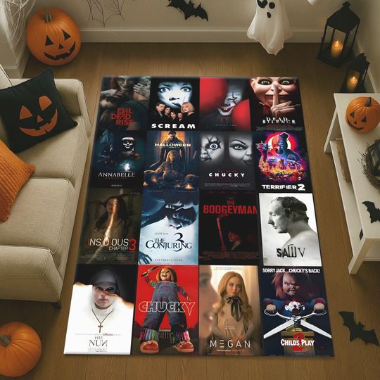 Horror Movie Poster Rug - Scary Halloween Floor Decor with IT, Chucky, Scream, Annabelle, Saw, Conjuring, Megan & More