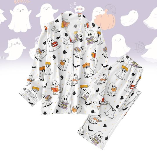 Discover Halloween Ghost Reading Books Pajamas Set, Cute Halloween Sleepwear, Funny Spooky Pajama Gift, Halloween Spooky Season Kid Pjs