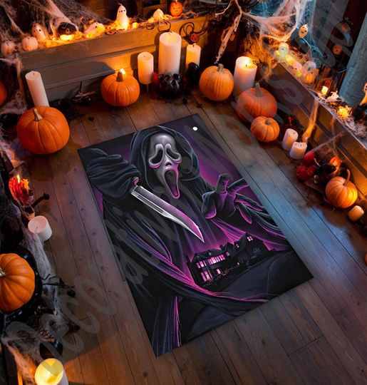 Halloween Area Rug, Ghost Face Scary Horror Carpet, Gothic Creepy Decor for Living Room or Bedroom