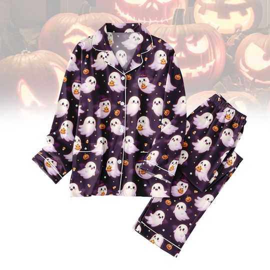 Cute Ghost Halloween Pajamas Set, Purple Sleepwear with Pumpkins, Spooky Family Matching Pjs, Halloween Pjs Kids, Gift For Mom