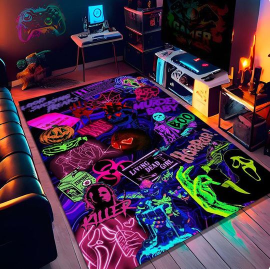 Neon Horror Gamer Rug  Glow in Dark Halloween Carpet with Skull, Ghostface, Zombie and Spooky Neon Signs, Gaming Room Creepy Floor Decor
