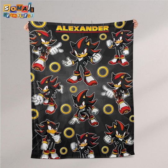 Personalized Black Shadow Hedgehog Fleece Blanket  Custom Name Disney Throw for Kid, Birthday Gift, Baby Shower, Gift for Boy and Girl