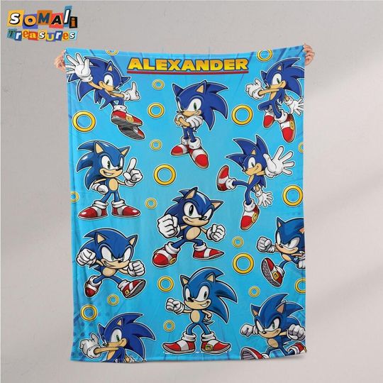 Personalized Blue Sonic Hedgehog Fleece Blanket  Custom Name Disney Throw for Kid, Birthday Gift, Baby Shower, Gift for Boy and Girl