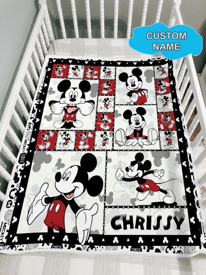 Discover Personalized Disney Mickey Mouse Custom Name Quilt Blanket, Fleece Blanket Sherpa Throws, Cartoon Style Gift for Kid, Christmas Gift