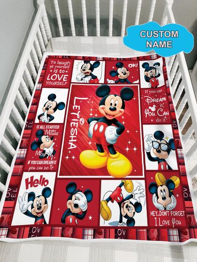 Discover Personalized Disney Mickey Mouse Custom Name Quilt Blanket, Fleece Blanket Sherpa Throws, Cartoon Style Gift for Kid, Christmas Gift