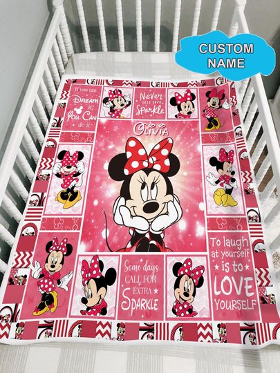 Discover Personalized Disney Minnie Mouse Custom Name Quilt Blanket, Mickey Fleece Blanket Sherpa Throws, Cartoon Style Gift for Kid, Christmas Gift