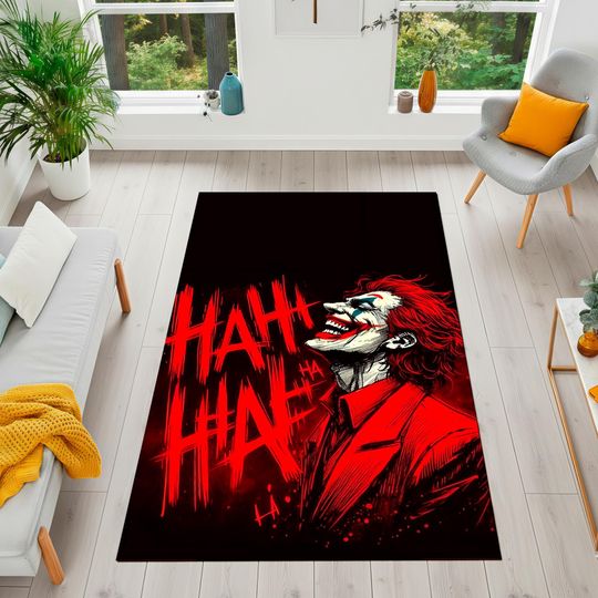 Discover JOKER, Evil Clown Rug,Ha ha ha, Dark Villain Laughing Pop Art Carpet, Red and Black Horror Style Area Rug for Bedroom & Man Cave Decor