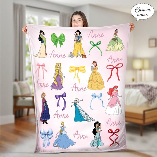 Personalized Watercolor Coquette Bows Disney Princess Blanket, Disneyland Baby Girl Trip Blanket