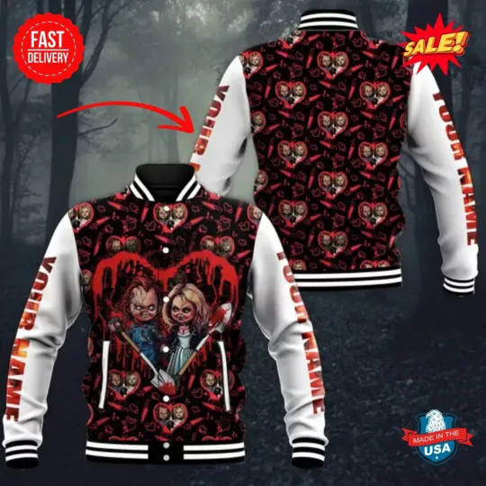 Personalized Chucky And Tiffany Horror Couple Halloween Baseball Jacket S-5XL