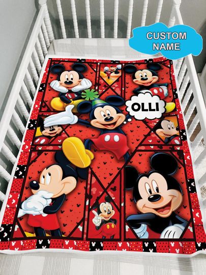 Discover Personalized Disney Mickey Mouse Custom Name Quilt Blanket, Fleece Blanket Sherpa Throws, Cartoon Style Gift for Kid, Christmas Gift