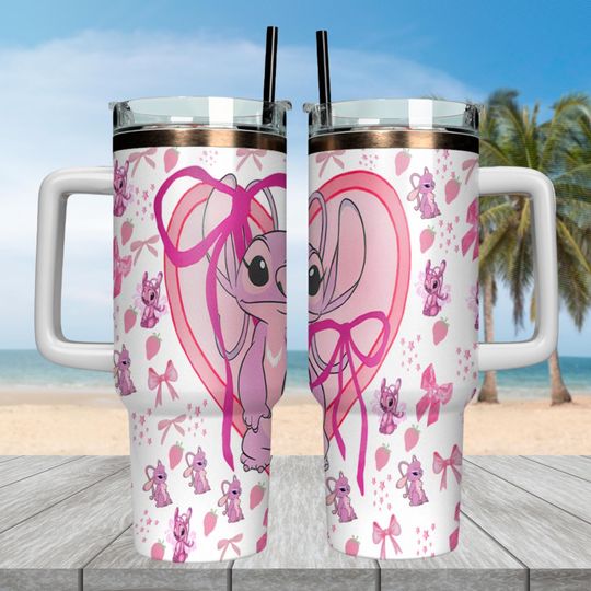 Personalized Stitch Angel Tumbler 40 oz with Handle, Stitch Ohana Drinkware Cup, Disneyland Trip Tumbler For Fan