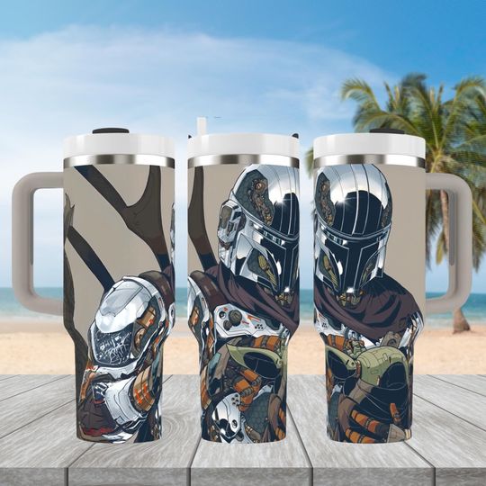 The Mandalorian Star Wars Tumbler 40 oz with Handle, Star Wars Fan Tumbler, Mandalorian And Grogu Tumbler Cup, Star Wars Gift For Fan