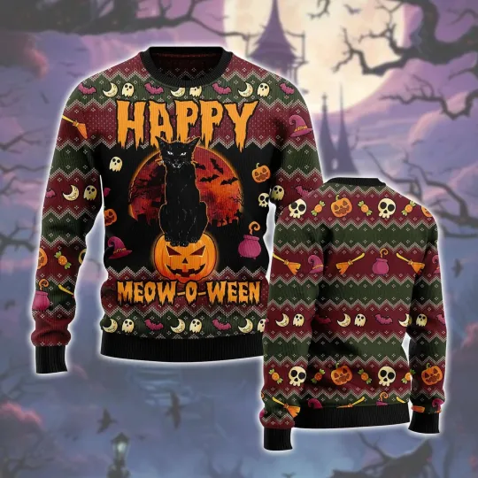 Discover Funny Ugly Sweater, Happy Meow-O-Ween Cat Halloween Spooky Black Cat Sweatshirt