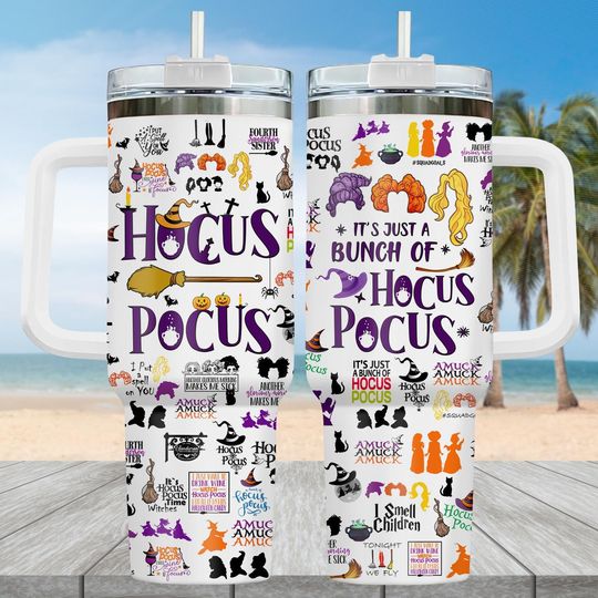Hocus Pocus Tumbler 40 oz with Handle, Sanderson Sisters Cup, Halloween Witch Drinkware Cup, Spooky Movie Fan Gift, Witchy Halloween Steel Tumbler