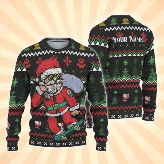 Custom Skate Santa Ugly Sweater, Christmas Party & Funny Birthday Sweatshirt
