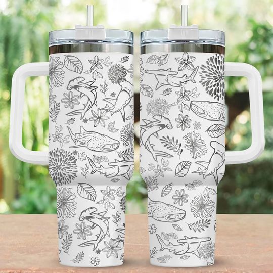 Vintage Great White Shark 40oz Tumbler with Handle, Gift For Sea Animal Lover, Wildlife Drinkware Tumbler