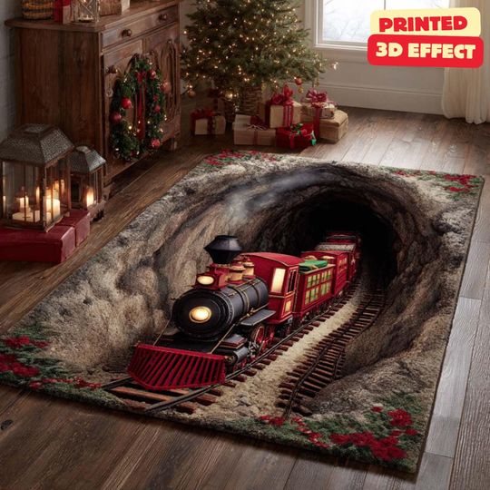 Discover 3D Train Tunnel Rug, Christmas Area Rug, Vintage Steam Train 3D Rug, Tunnel Illusion Carpet, Christmas Train Area Rug, Printed 3D Effect