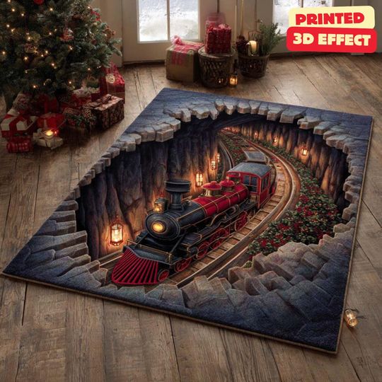 Discover 3D Train Tunnel Rug, Christmas Area Rug, Vintage Steam Train 3D Rug, Tunnel Illusion Carpet, Christmas Train Area Rug, Printed 3D Effect