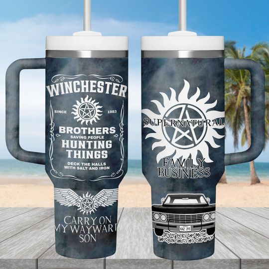 Supernatural 40oz Tumbler with Handle, Winchester Brothers Cup, Demon Hunter Fan Gift, TV Show Drinkware For Her, Movie Lover Stainless Tumbler