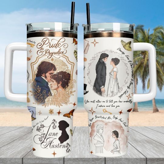 Discover Pride And Prejudice 40oz Tumbler with Handle, Jane Austen Book Lover Tumbler, Mr Darcy Fan Tumbler, Romantic Classic Drinkware Tumbler