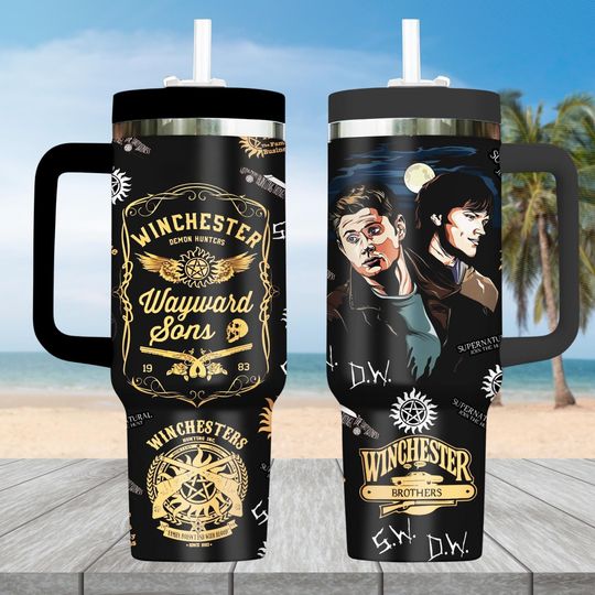 Supernatural Series 40oz Tumbler with Handle, Winchester Brothers Stainless Steel Tumbler, Demon Hunter Drinkware Tumbler, TV Show Tumbler For Fan