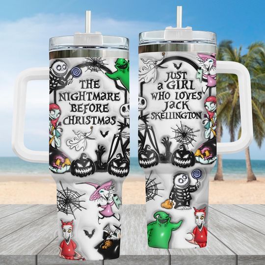 Nightmare Before Christmas 40oz Tumbler with Handle, Jack and Sally Drinkware, Halloween Christmas Gift