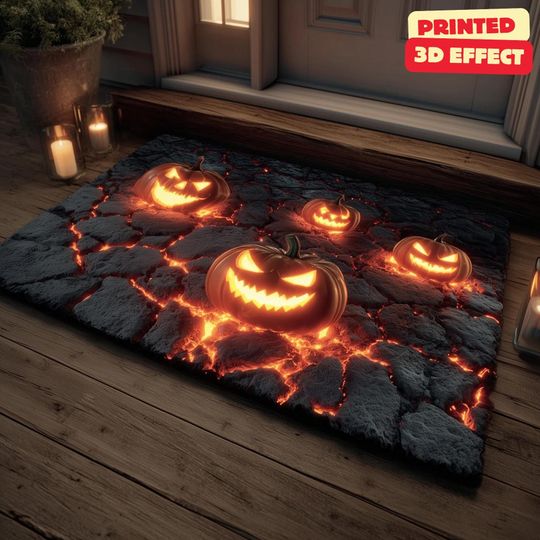 Discover Halloween Doormat 3D Jack-O-Lantern, Lava Pumpkin Doormat, Printed 3D Effect Halloween Entry Mat, Spooky Jack-O-Lantern Welcome Mat